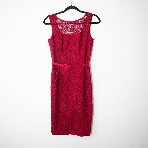 White House Black Market Dresses & Skirts - White House Black Market Red Lace Dress with Belt Size 4